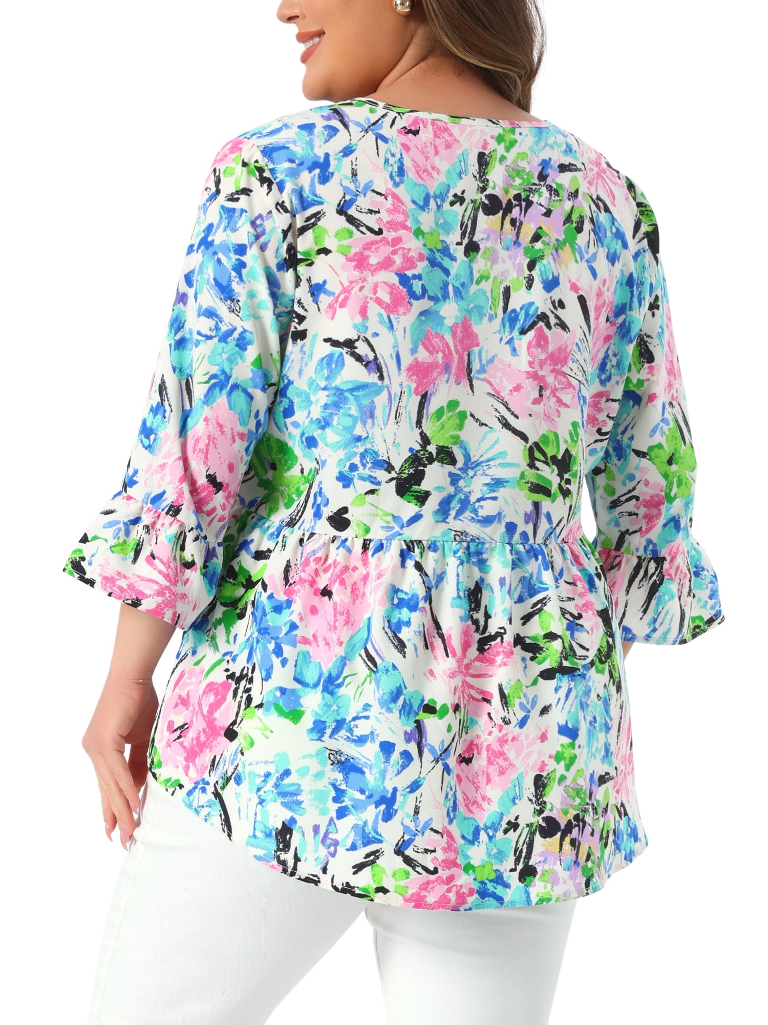 DARING DIVA Women's Plus Floral Blouses V Neck Ruffle Babydoll Peplum Tops 3X Pink Blue