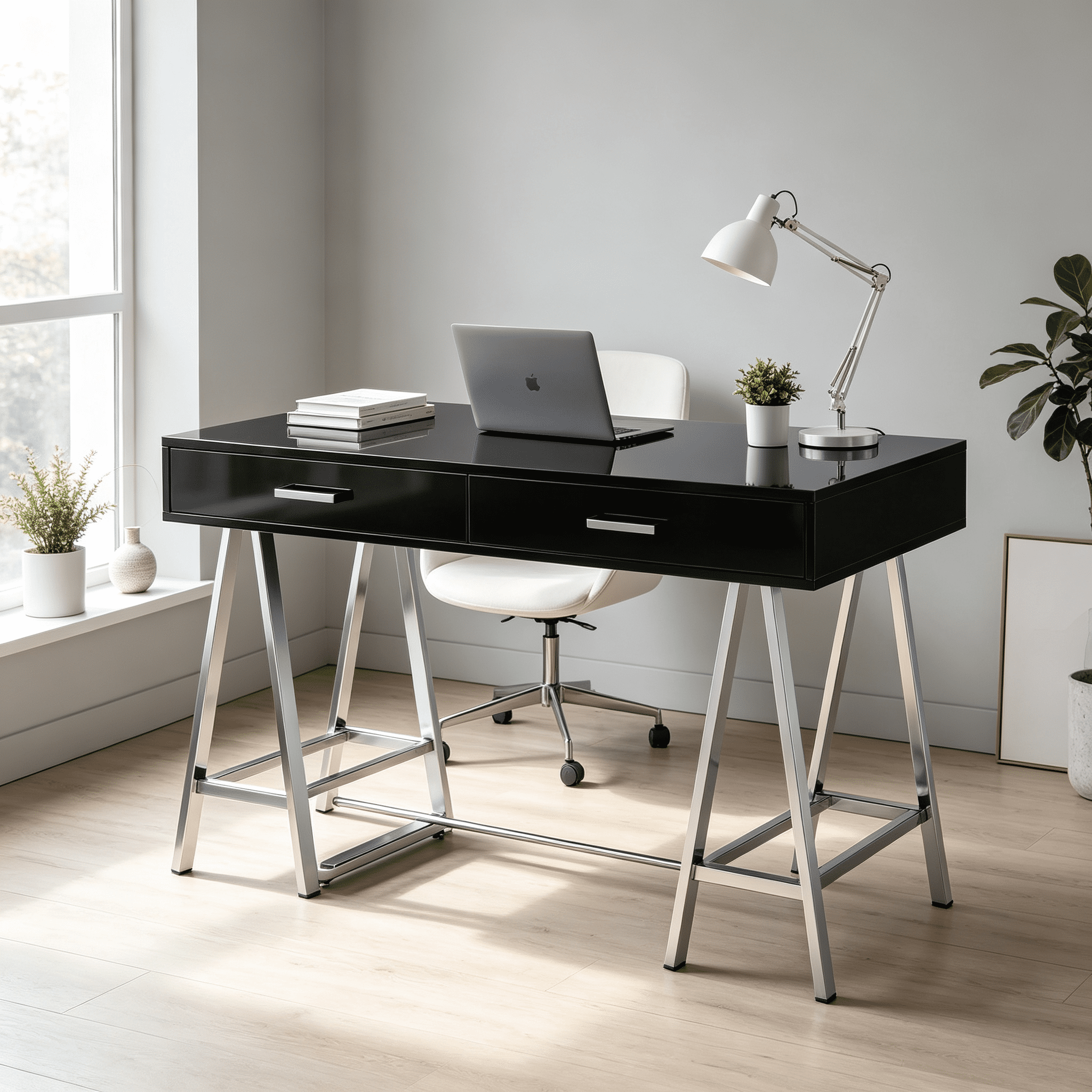 Astoutdoor Black High Gloss and Chrome Writing Desk with USB Port
