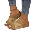 thumbnail image 4 of Womens Comfortable Open Toe Wedge Slide Sandals, Arch Support Cushioned Footbed, Non-Slip Outsole Vegan Faux Leather Slip On Summer Shoes - Khaki,Size 7.5, 4 of 9