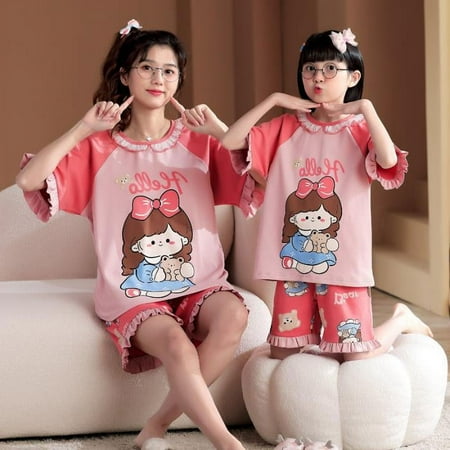 

Kawaii Summer Sanrios Anime Hello Kittys Kuromi Cinnamoroll Pajamas Cute Parent-Child Wear Thin Loose Loose Home Outdoor Set