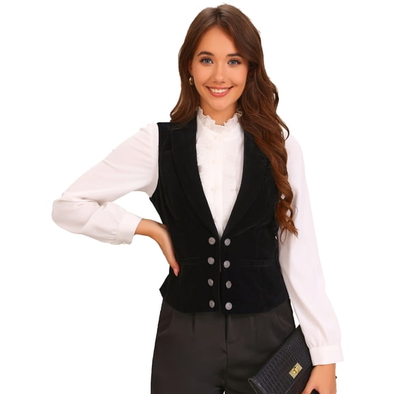 DARING DIVA Women's Velvet Waistcoat Sleeveless Button Down Blazer Vest S Black