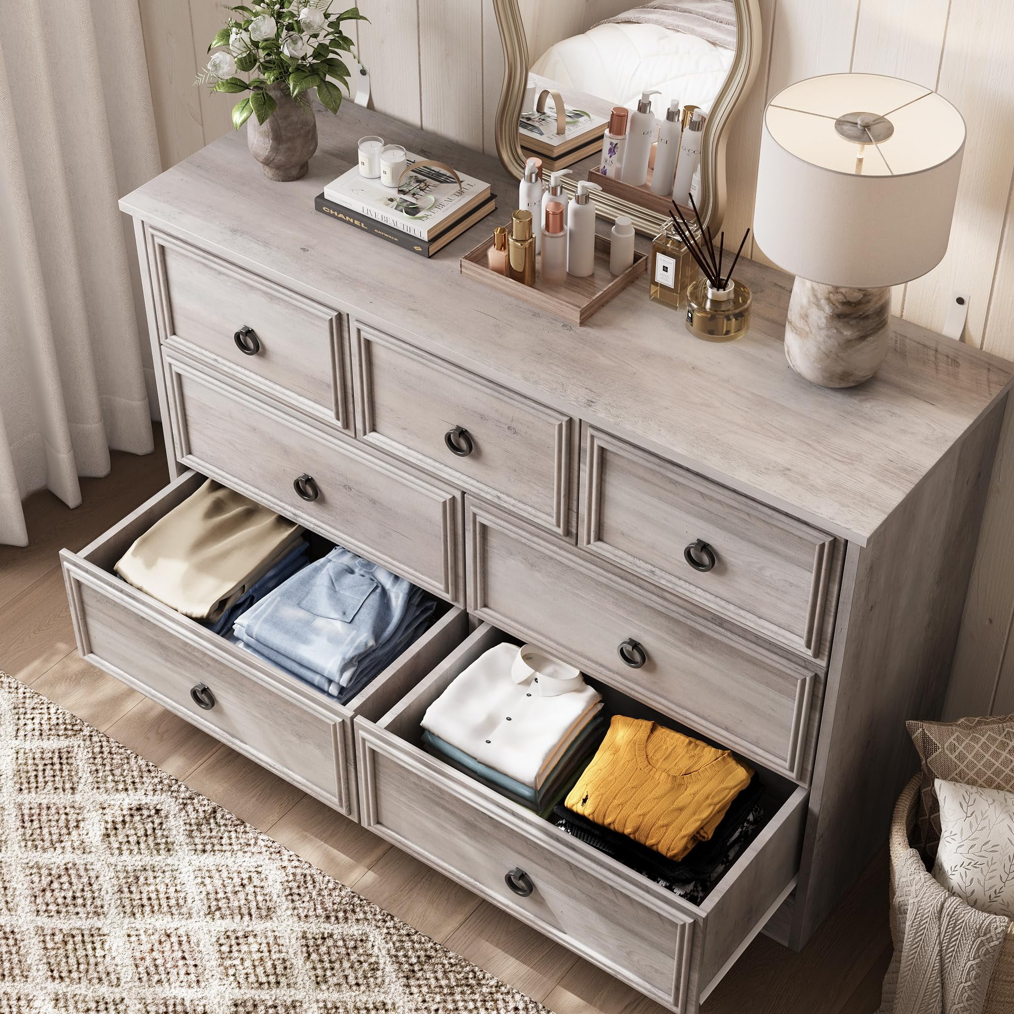 light grey distressed dresser Floren Contemporary Weathered Gray Wood 6-Drawer Dresser with Mirror   Roundhill Furniture