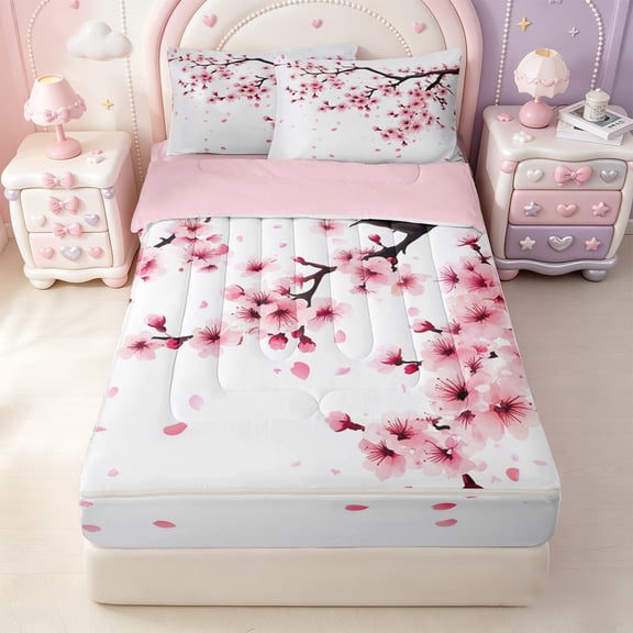 Erosebridal Cherry Blossom Zipper Twin Comforter Sets with Fitted Sheet and 2 Pillowcases,Japanese Minimalist Style Zipper Bedding Set For Boys,Pink Reversible,4pcs