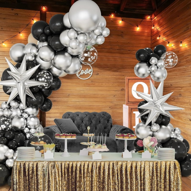 BalloonBuzz 140pcs Black and Silver Balloons, Balloons Arch Kit | Confetti Latex Balloons Silver Star Foil Balloon for Birthday Anniversary Party Decorations (Black Silver)