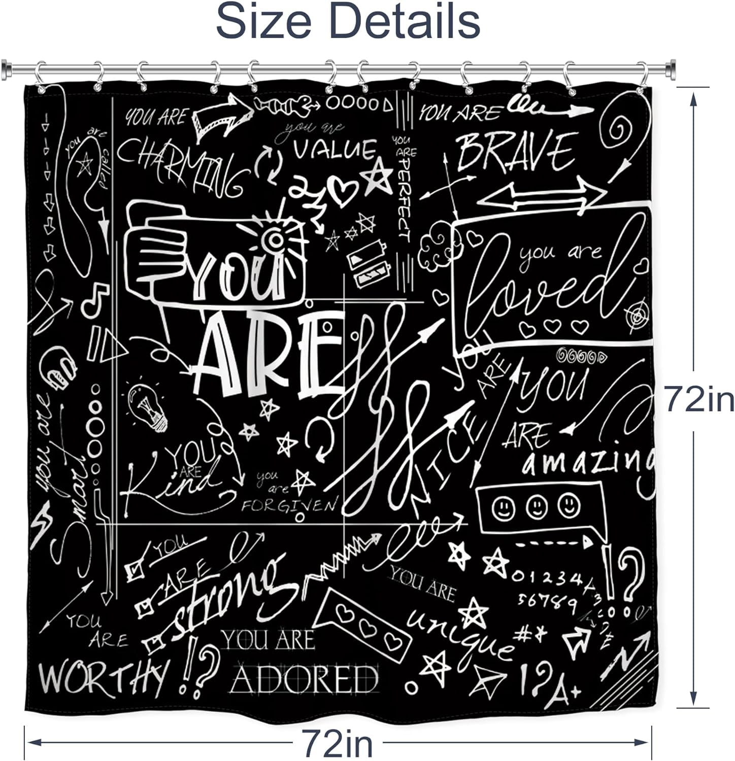 Black Funny Quotes Shower Curtain 72Wx72L Inch for Kids Teens White Inspirational You are Graffiti Abstract Aesthetic Motivational Artwork Cloth Fabric Bathroom Decor Set 12 Pack Hooks
