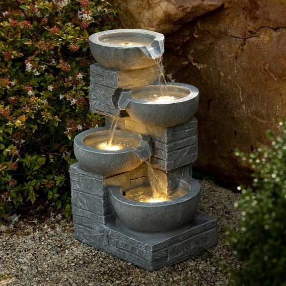 Outdoor Water Fountain with LED Light, 4-Tiers 21.85" Waterfall Fountain, Indoor/Outdoor Floor Standing Water Feature for Garden, Patio