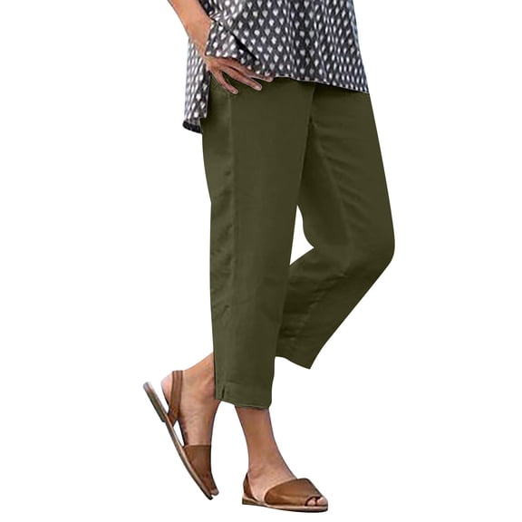 ctdiral Womens Elastic Waist Ankle Length Pants Solid Color Side Slit Pants with Pockets Pull On Straight Trousers Summer Lounge Going Out Pants Army Green XXL