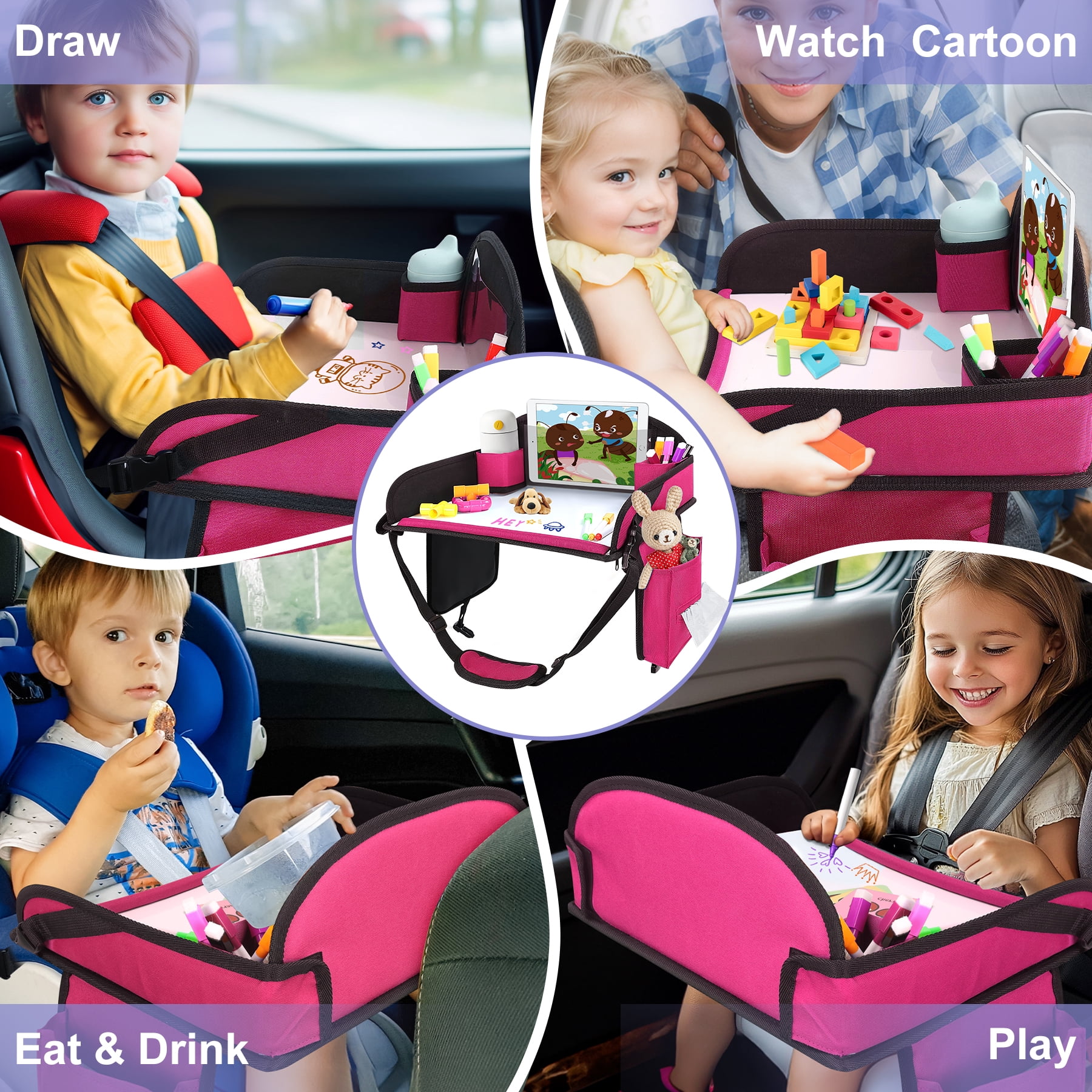Kids Travel Tray, Play Tray For Kids Car Seat, Toddler Road Trip Essentials, Drawing Lap Tray With Storage Space for Airplane, Multifunctional Activity Tray Road Trip Must Haves For Kids , Pink