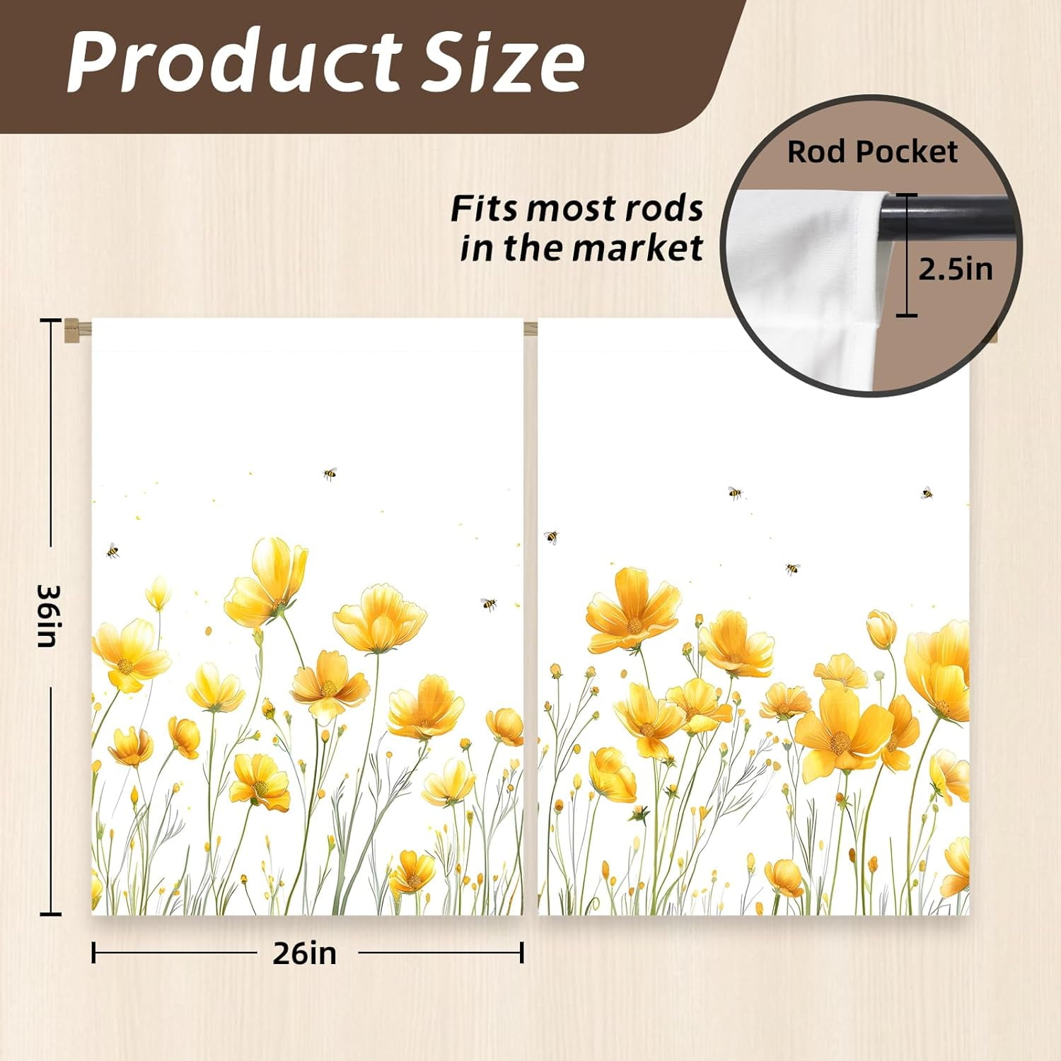 Kitchen Curtains (2 Pcs) Over Sink for Bathroom Window Cafe Basement Cortinas para Cocina Farmhouse Short Mini Curtain Flower Bee Summer Daisy Elegant Country Rustic Modern Cute - 27.5×36"