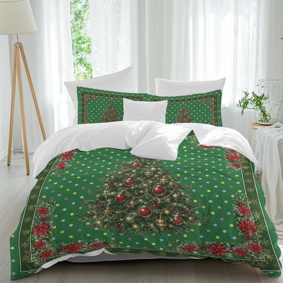 Duvet Cover Twin Size 3 Piece Bedding Set, Christmas Tree Bell Poinsettia Flower Soft Breathable Comforter Cover with 2 Pillow Shams, Colorful Polka Dot Green Luxury Duvet Covers with Zipper Closure