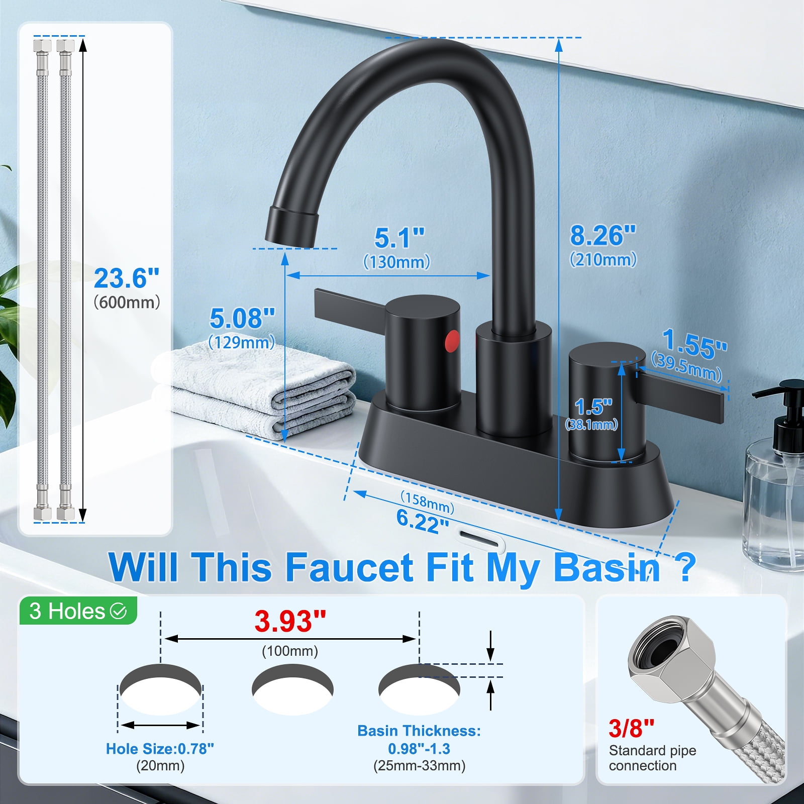 2 Handles Bathroom Sink Faucet, Matte Black Centerset RV Bathroom Faucets for 2/3 Hole