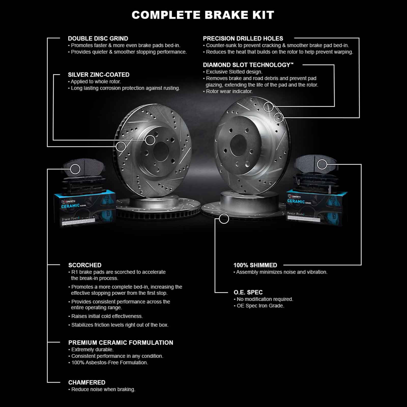 R1 Concepts Front Rear Brakes and Rotors Kit |Front Rear Brake Pads| Brake Rotors and Pads| Ceramic Brake Pads and Rotors WGWN2-65011