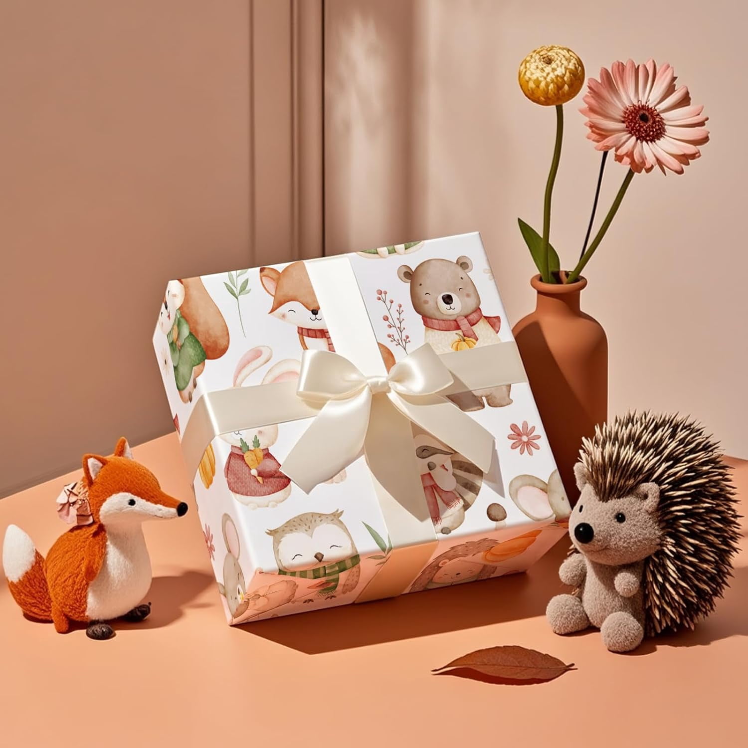 Baby Shower Wrapping Paper Roll - Mini Roll - 17 Inch x 16.5 Feet - Forest Animal Wrapping Paper, Perfect for Kids Girl Birthday, Newborn Gift Wrap