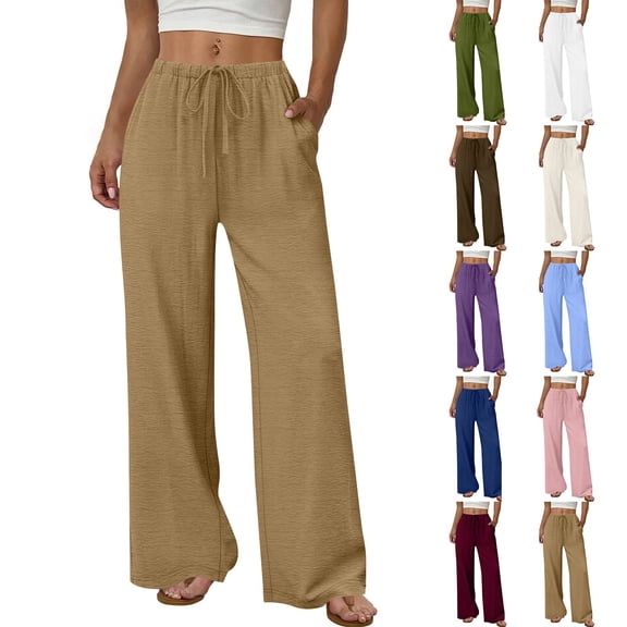 Women's 2026 Summer Lightweight Cotton Linen Wide Leg Trousers Elegant Casual Pants with Pockets by Yigetop Beige L