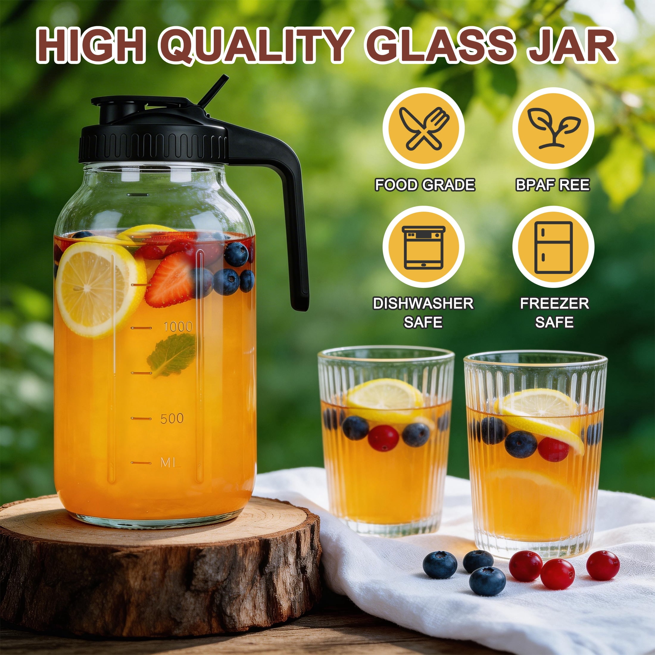 Cold Brew Coffee Maker, 64 oz Mason Jar Pitcher with Stainless Steel Filter, Pour Spout Handle Lid, Glass Airtight & Leak-Proof Pitcher for Iced Brew Coffee & Tea Lemonade