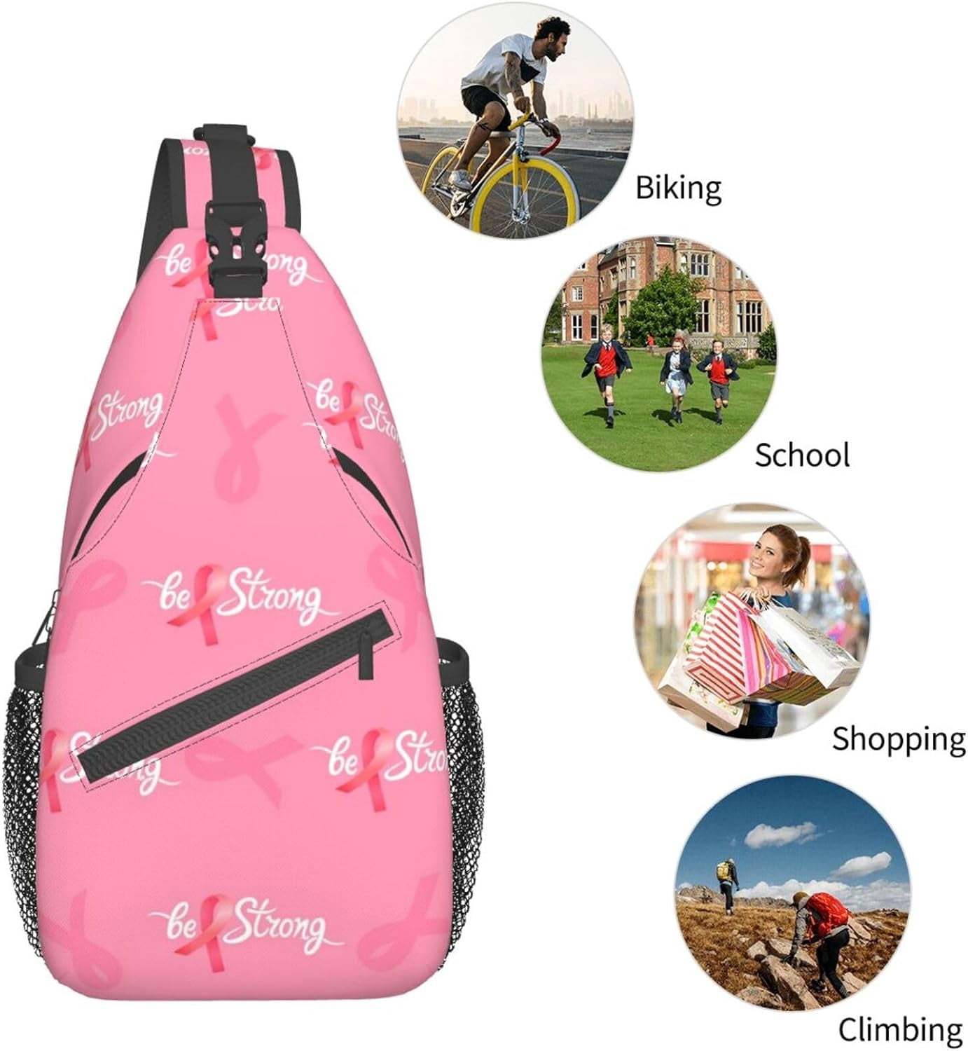 Breast Cancer Awareness Be Strong Sling Bag Crossbody Hiking Travel Chest Bags Backpack Shoulder Daypack for Women Men