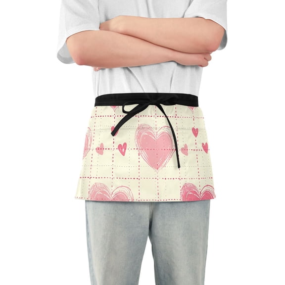 Pink Hearts in Grids Waist Apron Adjustable Server Half Apron Kitchen Cooking with 3 Pockets for Men Women