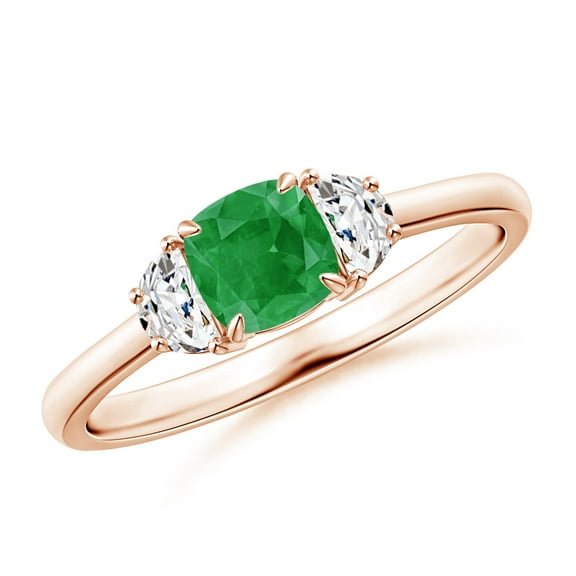 ANGARA Natural Cushion Emerald and Diamond Three Stone Ring in 14K Rose Gold for Women (Size-5mm) | May Birthstone, Birthday, Anniversary, Jewelry Gift for Women | Natural Emerald Ring
