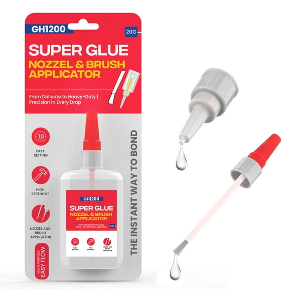 GH1200 (2-in-1) Super Glue with Brush Applicator & Nozzle, Mess Free Superglue Brush, Instant Glue Never Dries, 3000 CPS Cyanoacrylate Glue, No Stain Clear Glue, Super Glue for Plastic, Rubber & More