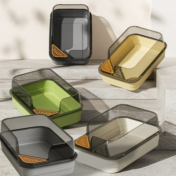 kcavykas Semi-Enclosed Cat Litter Box with Shovel, High-Sided Splash Proof Design, Black/Gray/Yellow/Green/White Plastic, 17.7x11.8x6.6in, Spacious, Easy Clean, 1 Set Gift