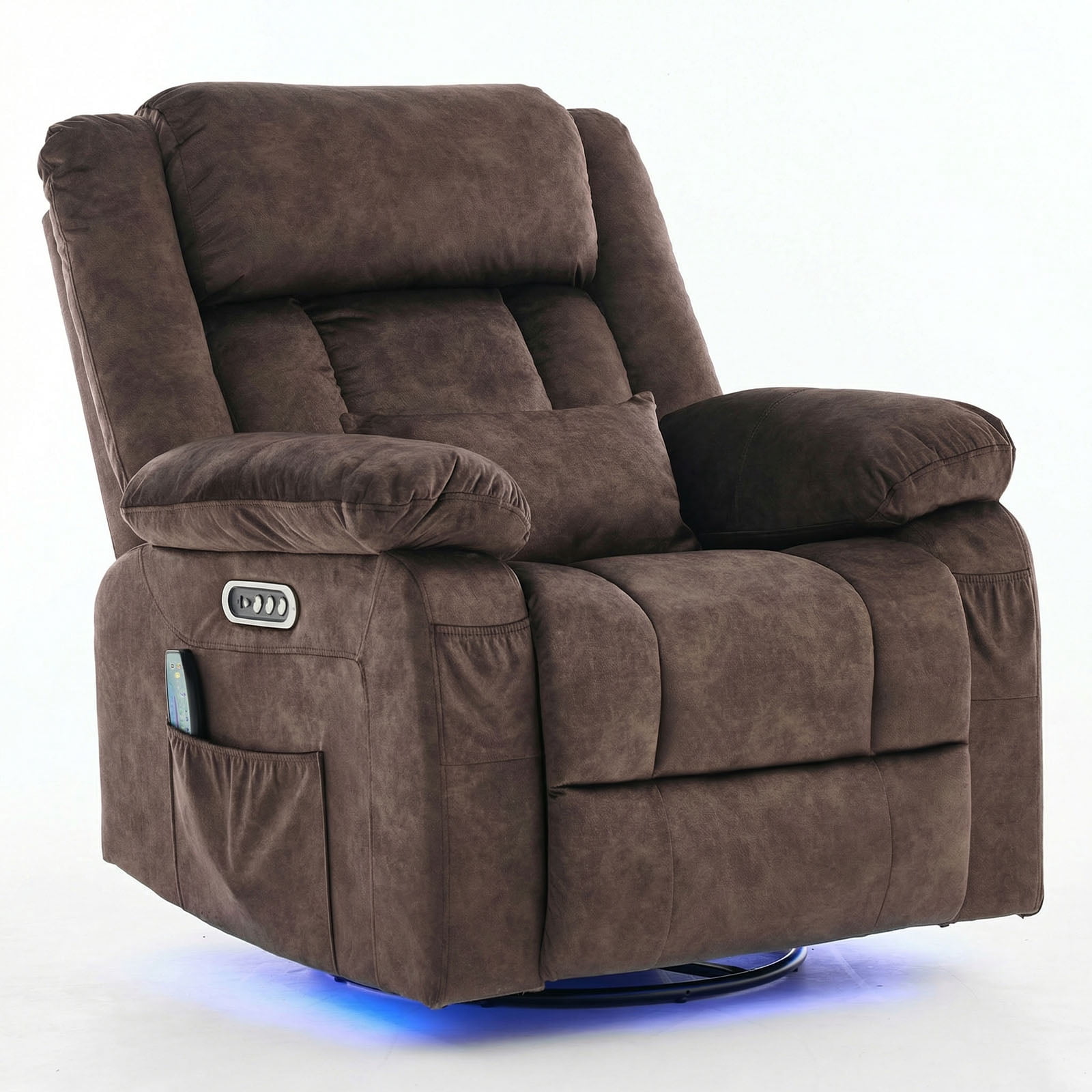 IPKIG Electric Power Recliner with Heat & Massage, 240° Swivel Rocking Chair for Living Room, LED Home Theater Recliner, Velvet Brown