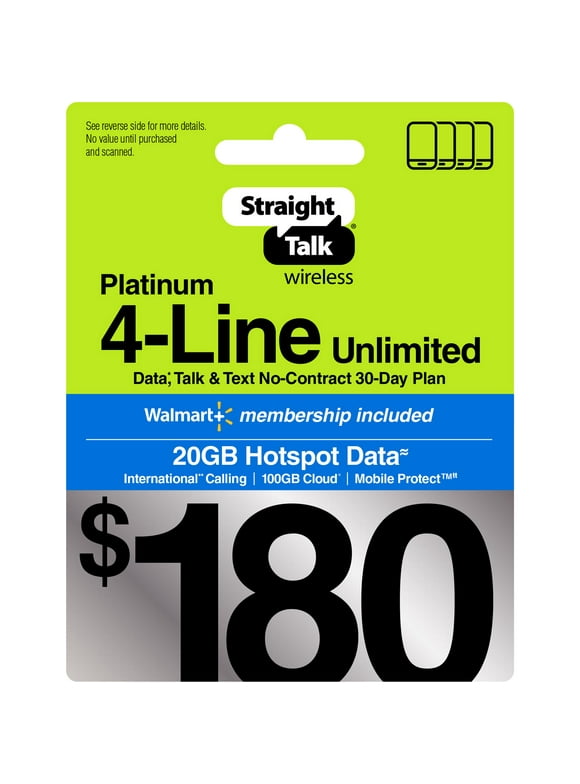 Straight Talk $180 Platinum 4-Line Unlimited 30-Day Prepaid Plan, Mobile Protect, 20GB Hotspot Data, 100GB Cloud Storage & Int'l Calling e-PIN Top Up (Email Delivery)