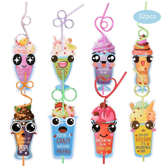 Children's Valentine's Day Cards 32pcs with Crazy Straws Valentine's Day Card Set Valentine's Day Exchange Cards