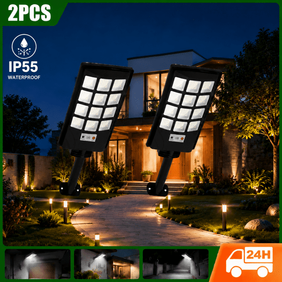 6-Pack Solar Street Lights (Outdoor) - Dusk-to-Dawn Solar Lamps with Motion Sensors and Wide-Angle LEDs; Ideal for Parking Lots, Courtyards, and Roadway Lighting