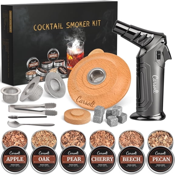 Cocktail Smoker Kit, Whiskey Smoker with Torch - 6 Wood Chips & 4 Filters, Butane-Free Infuser for Bourbon, Old Fashioned. Gift for Men, Dad, Husband.