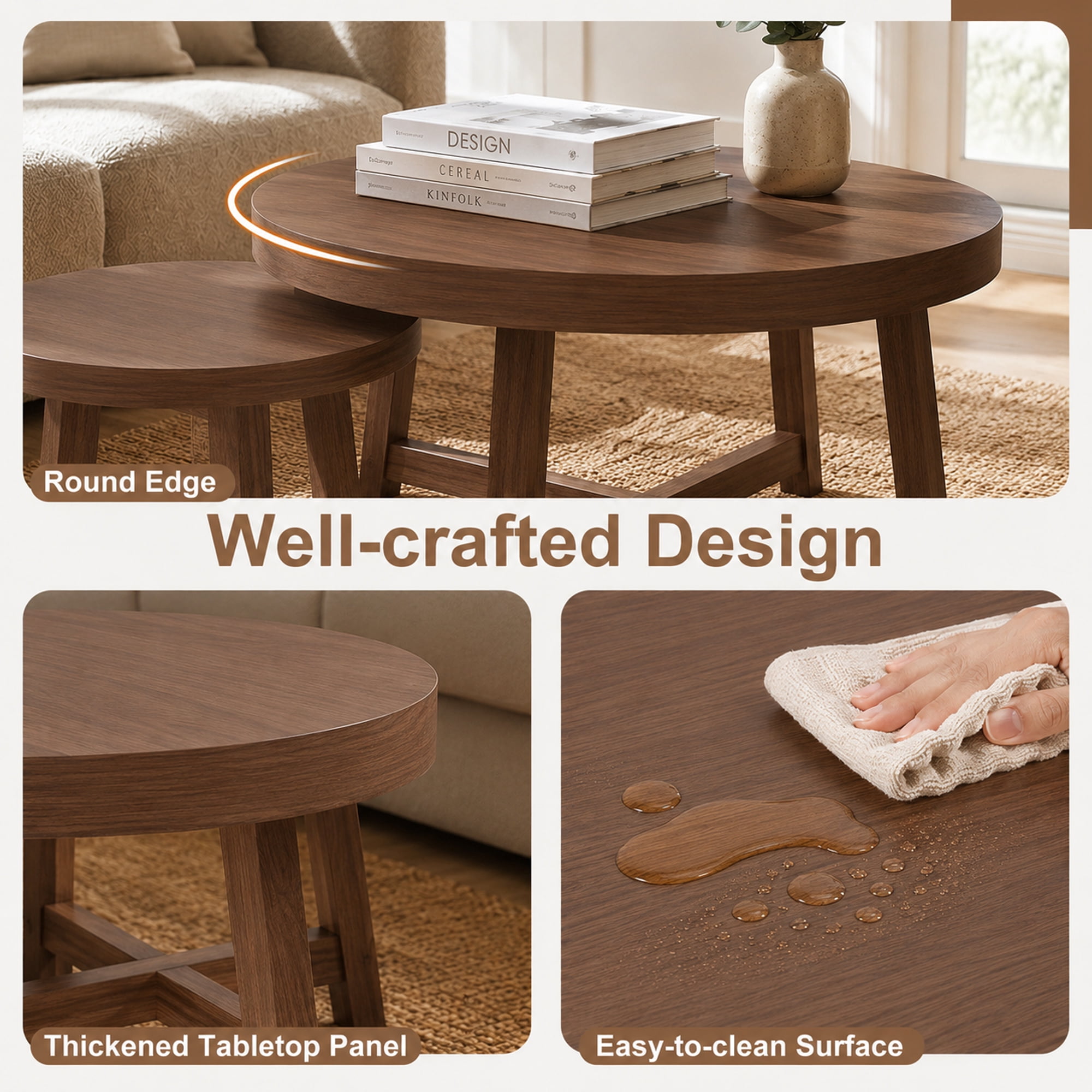 Nesting Coffee Tables Set of 2 Round with Walnut Tone Finish and X-Shaped Frame, Stackable Side Tables and End Tables for Living Room Bedroom, Walnut