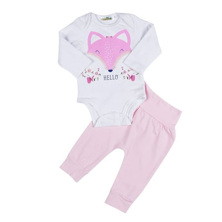 2PCS Baby Girls Newborn Cotton Romper Tops+ Pink Pants Leggings Fox