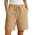 thumbnail image 5 of Women's 100% Cotton Shorts Drawstring Elastic Waist Rolled Cuff with Side Pockets, Casual Summer Beachwear Lounge Athletic for Hiking Jogging Work, Womens Cotton | VerBelle,Beige L, 5 of 7
