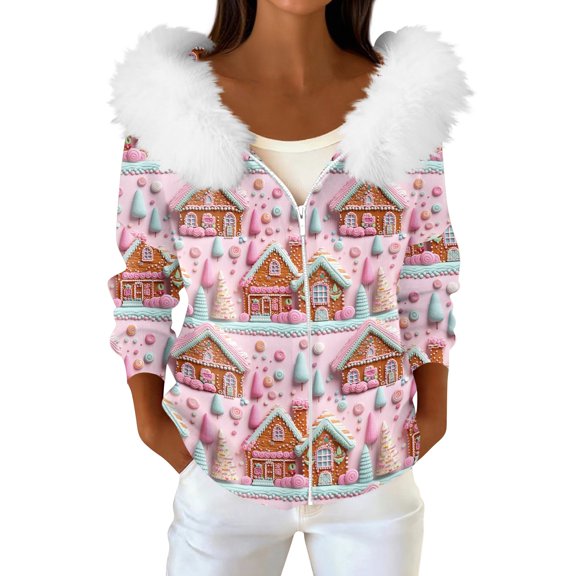 Women's Fashion Casual Sweater with Zipper Print, Plush Hooded Cardigan Jacket for Christmas Season and Cozy Wear,Pink,S