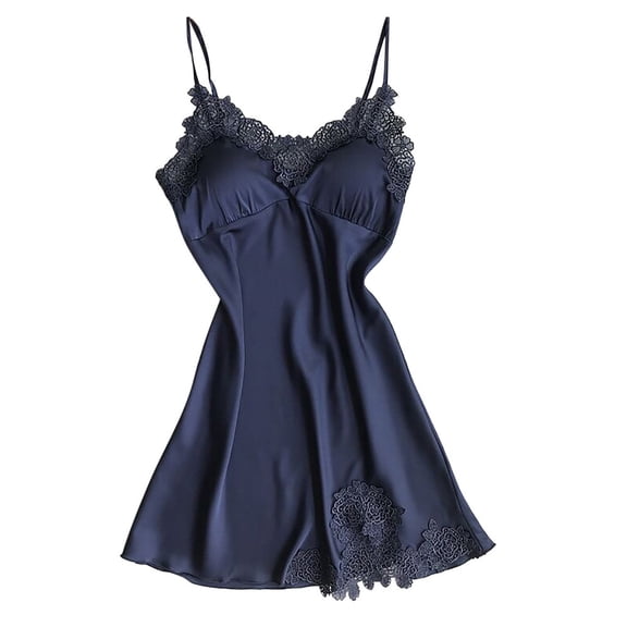 Rotm Slip Dress Lingerie for Women Lace Babydoll Asymmetrical Hem Sexy Sheer Sleepwear Navy,S