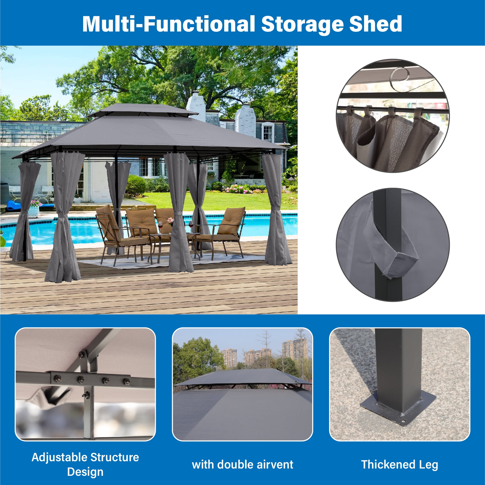 13x10 Outdoor Patio Gazebo Canopy Tent With Ventilated Double Roof And SideWall(Detachable Curtain Included On All Sides),Suitable for Lawn, Garden, Backyard and Deck-Gray