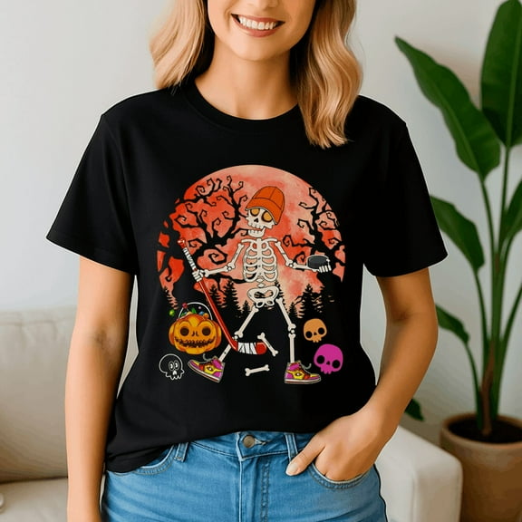 Halloween Shirt,Skeleton Playing Hockey Halloween Candy Horror Pumpkin Bag, Happy Halloween Shirt , Ghost Pumpkin Tshirt, Funny Holiday Gift,Horror Witchy