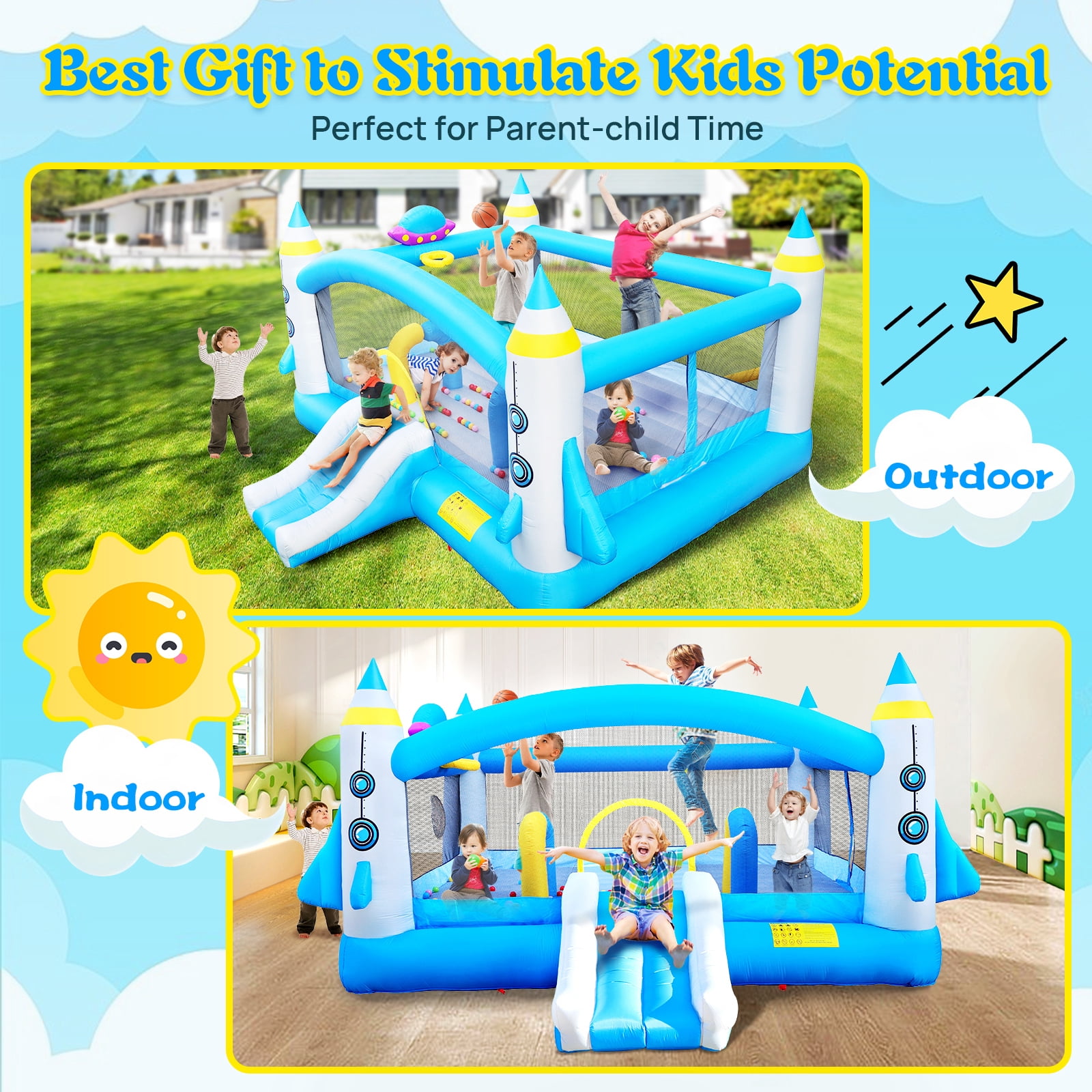 Multifunctional Jump 'n Slide Inflatable Bouncer for Kids, Complete Set with ETL Blower, 198" x 180" x 96" Indoor Outdoor Bounce House for Backyard Family Play