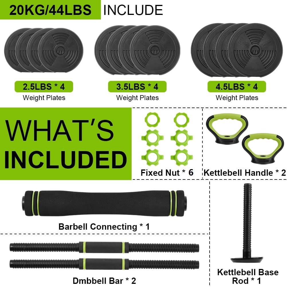Adjustable Dumbbell Set 44 lbs, 4-in-1 Home Gym Weights with Barbell Connector, Green and Black