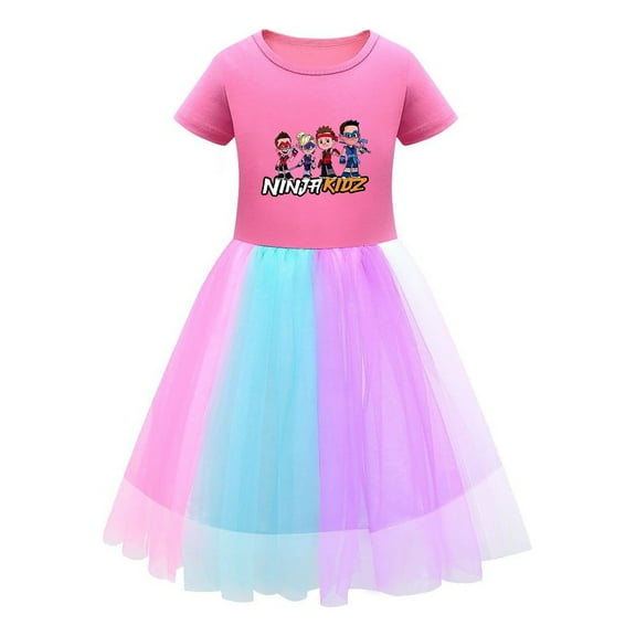 Cartoon Ninja Kidz Tutu Outfit – Girls Dress with Colorful Tulle and Short Sleeves – Summer for Birthdays, Dress-Up, or Playtime