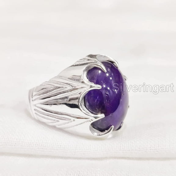 Amethyst Mans Ring, Natural Amethyst, February Birth, Silver Jewelry, 925 Silver Ring, Birthday Gift, Heavy Mens Ring, Arabic Design, Ottoman Style Ring, Christmas, Turkey Mens Signet Ring