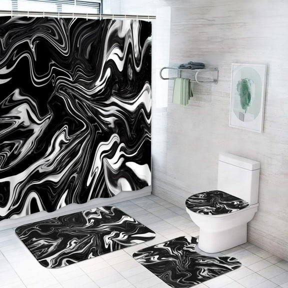 Black and White Shower Curtain Set with Rugs, Marble Bathroom Set with Non-Slip Rug, Toilet Lid Cover, Bath Mat and 12 Hooks 72x72 inches Bathroom Decor 4 Pcs
