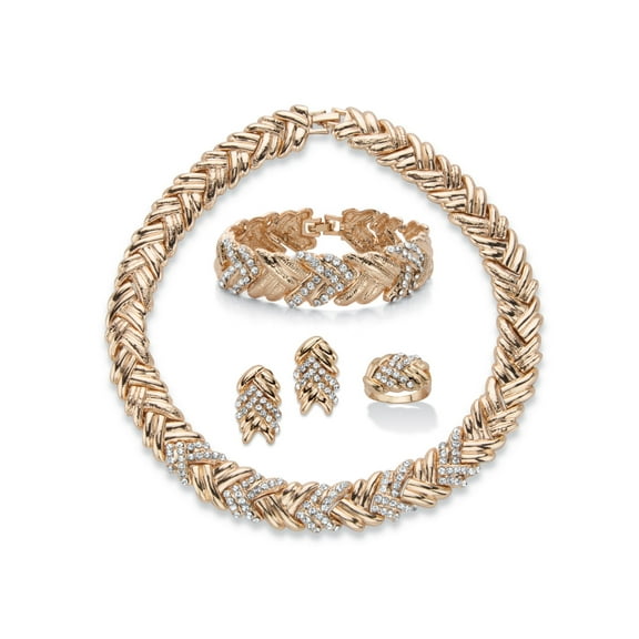 PalmBeach Jewelry Round Crystal 4-Piece Braided Necklace, Earring, Bracelet Set with Bonus Ring in Goldtone 18"
