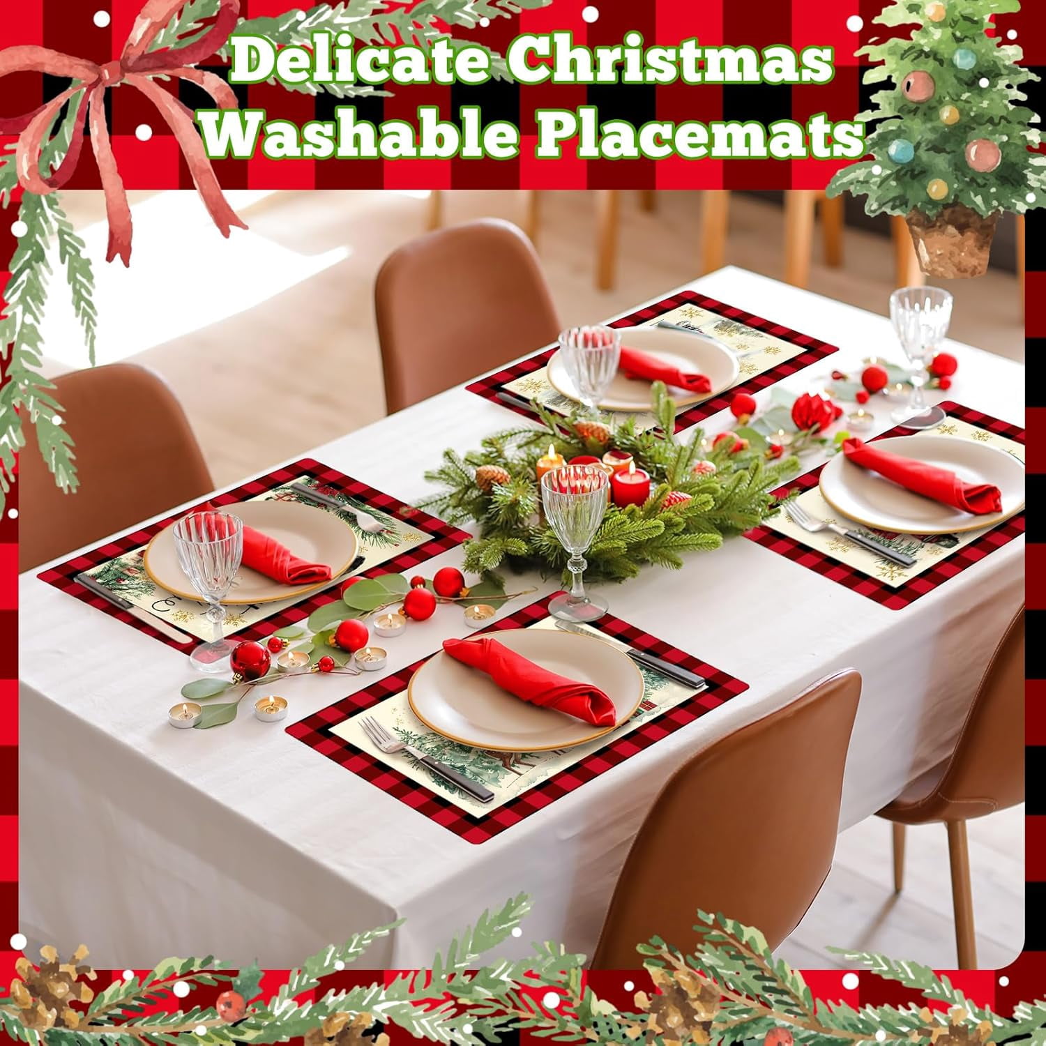 6 Pcs Christmas Watercolor Placemats 12 x 17 Inches Xmas Plastic Placemats Set of 6 Wipeable Table Vinyl Mats for Dining Kitchen Indoor Outdoor Party Holiday Decoration (Let it Snow)
