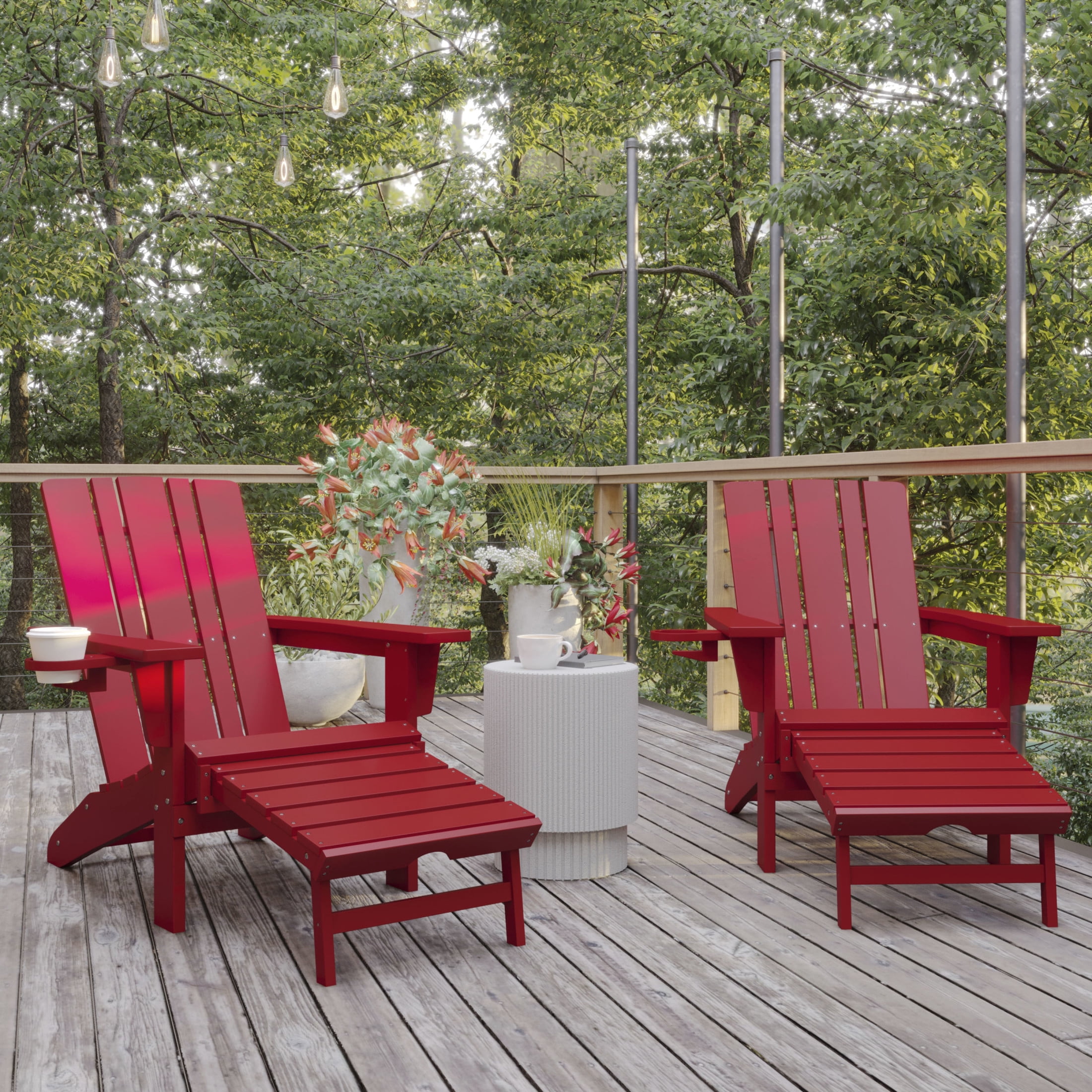 Flash Furniture Halifax HDPE Adirondack Chair with Cup Holder and Pull Out Ottoman, All-Weather HDPE Indoor/Outdoor Lounge Chair in Red, Set of 2
