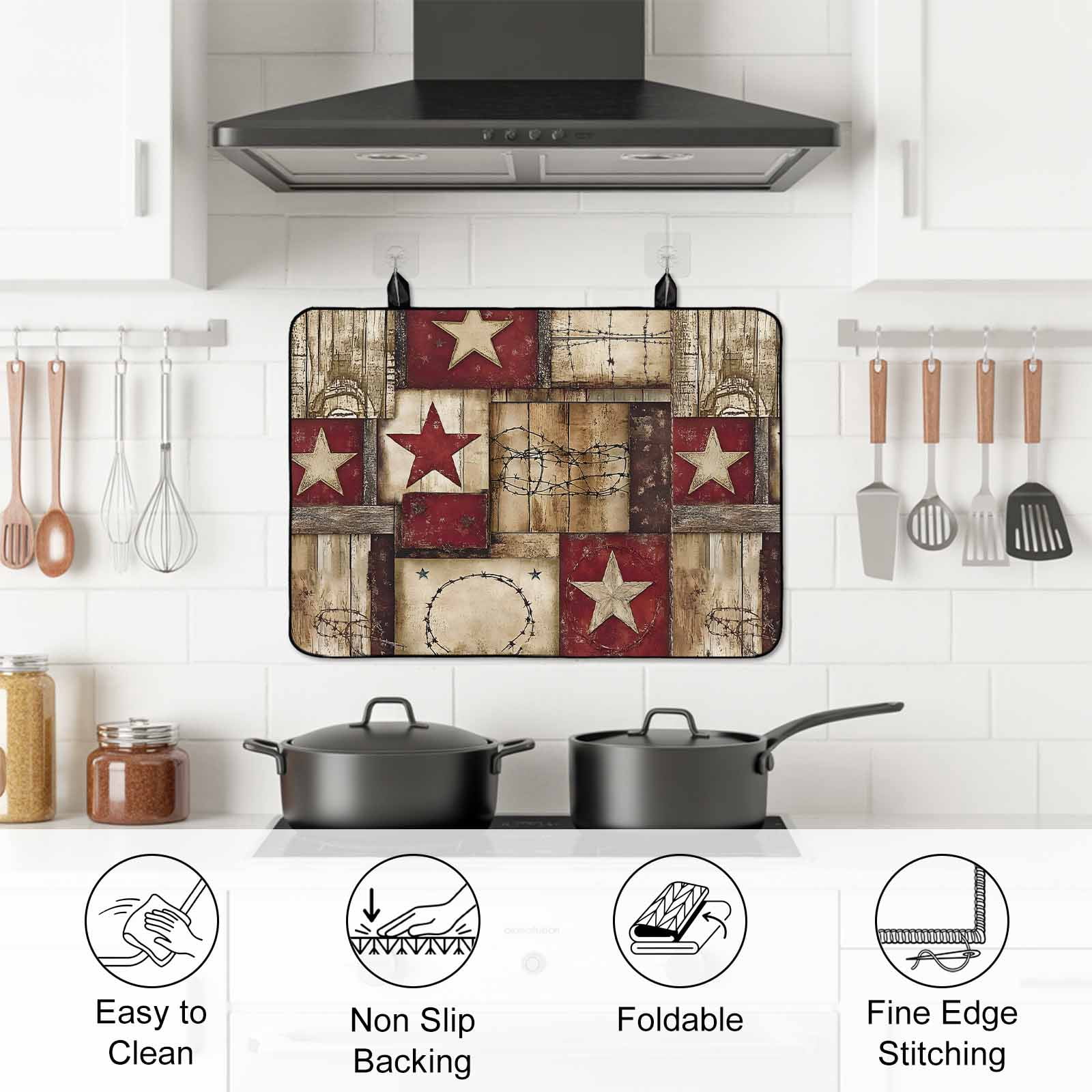 Texas Star Farm Stove Top Cover for Electric Stove, Heat-proof & Non Slip Glass Top Stove Cover Protector, Country Wood Grain Vintage Western Kitchen Flat Cooktop Rubber Mat 24x21 Inches