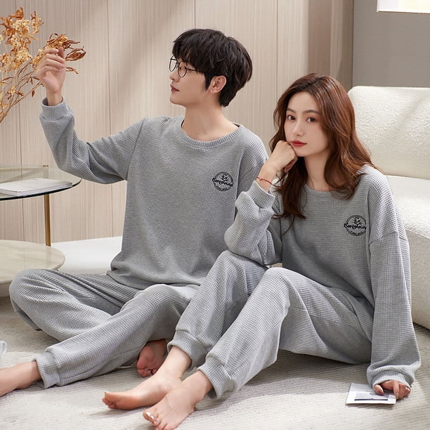 Pijamas de pareja para mujer, primavera y otoño, para niños, de algodón, de color liso, de manga larga, para otoño e invierno, para vivir en casa