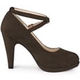 thumbnail image 5 of BLISSFUL STEP Women's Shoes Platform Round Toe Cross Strap Buckle Closure Stiletto Heel  Mary Jane Pumps Dark Brown 7, 5 of 6