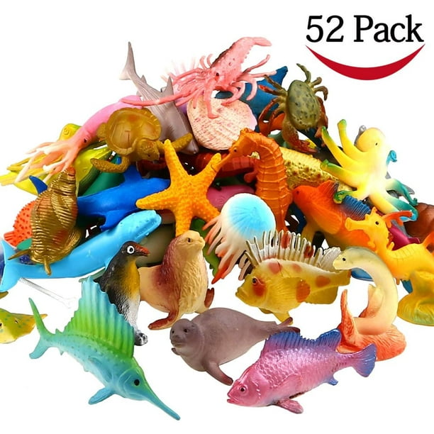 JoyX Toys Ocean Sea Animal, 52 Pack Assorted Mini Vinyl Plastic Animal Toy  Set, Realistic Under The Sea Life Figure Bath Toy for Child Educational  Party Cake Cupcake Topper,Octopus Shark Otter -
