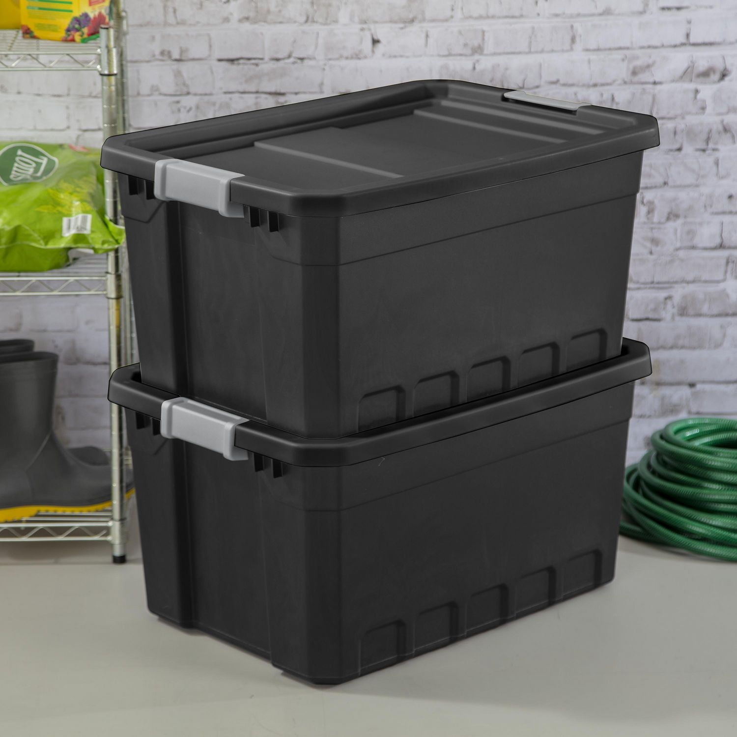 Sterilite 72 Liter Stacker Tote, Durable Plastic Bin with Latch Lid, Black - 6 Pk