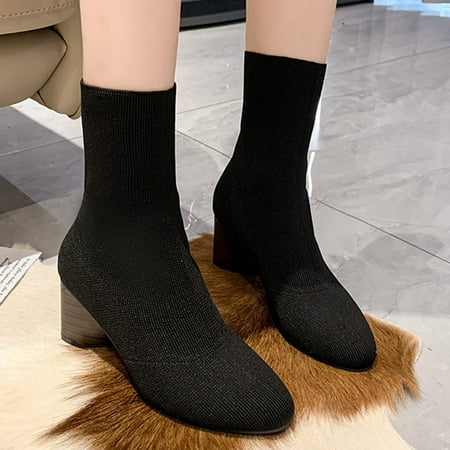 

Cathalem Sock Boots Heels Mid Calf Fashion Women Fabric Cloth Solid Color Autumn Thick above The Knee Boots for Women Wide Calf Black 9